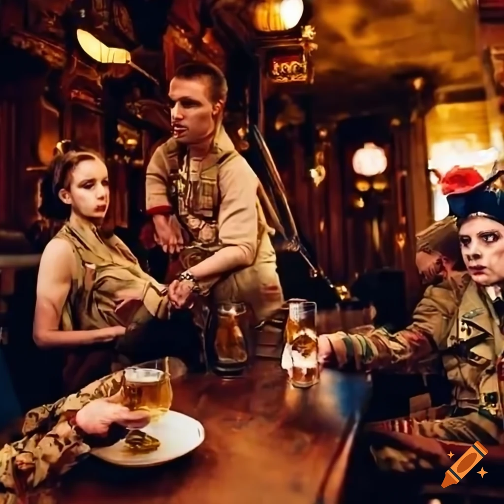 French and British soldiers enjoying a pint in a Parisian pub