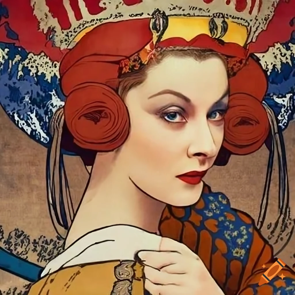 Vivien Leigh in the styles of Hokusai, Kanō Tan'yū, and Alphonse Mucha with Spanish republican flag