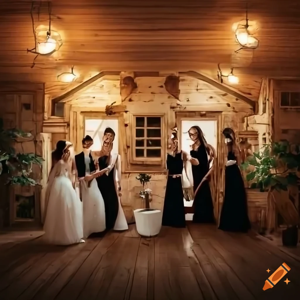 Elegant party in a white rustic house with wood and plants on Craiyon