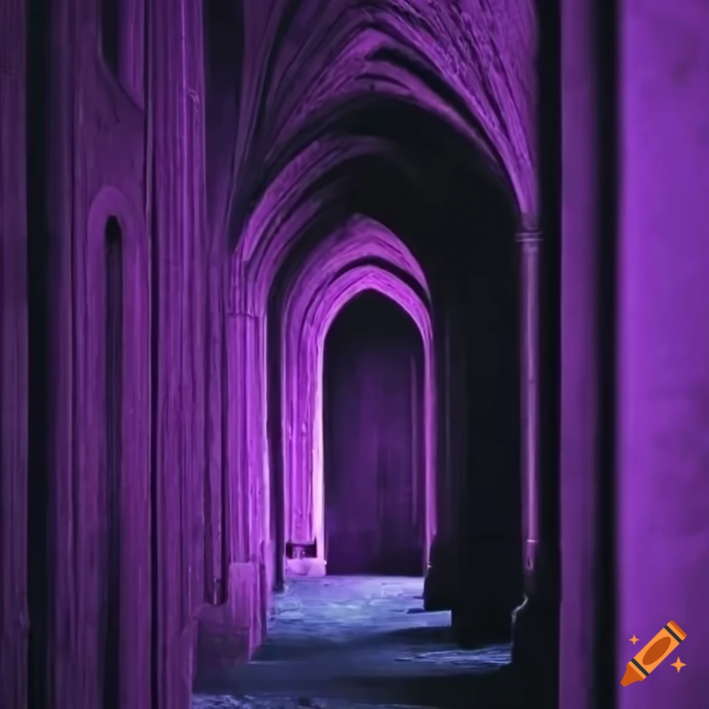 Dark purple cellar with robed monks in a claustrophobic setting