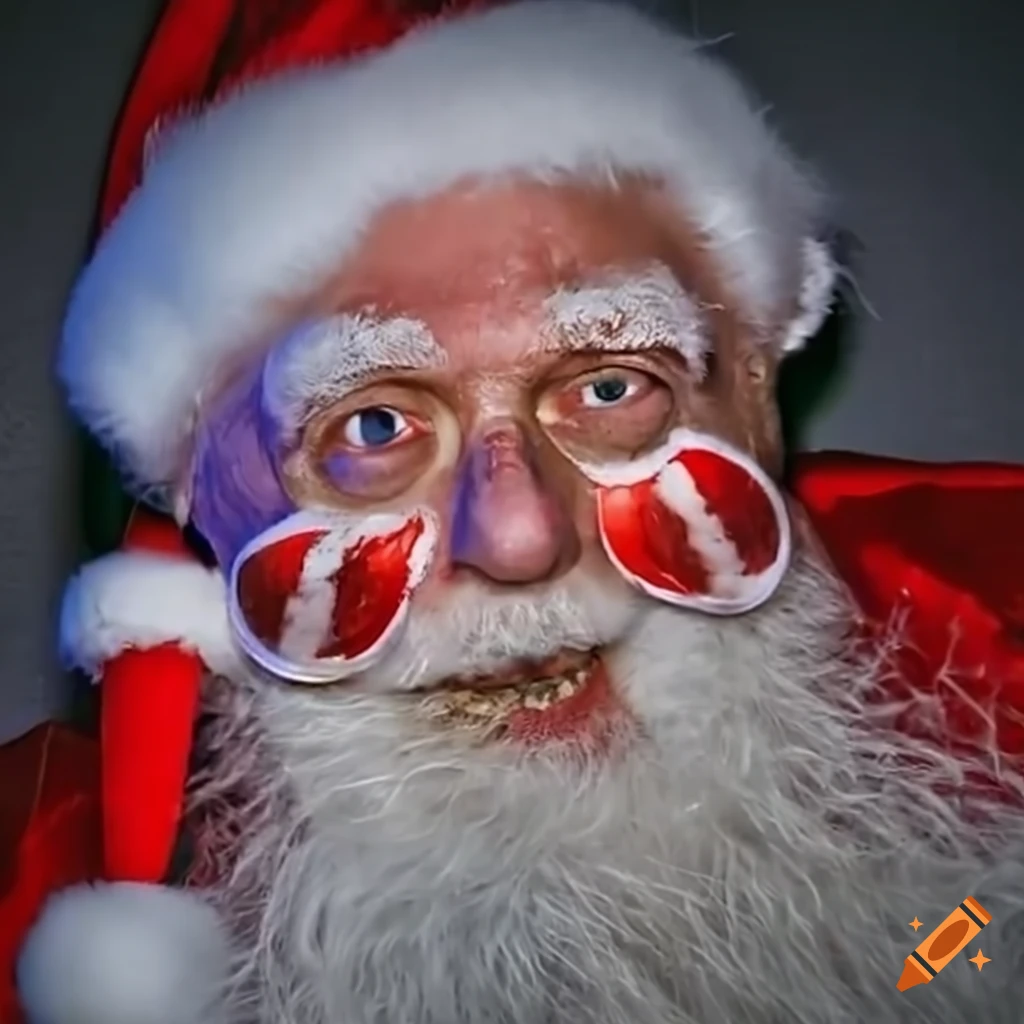 Santa with an intense expression and x eyes on Craiyon