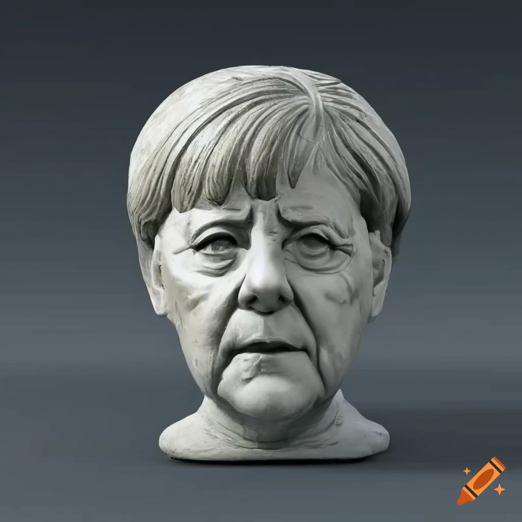Sculpture of angela merkel in white stone with a biomechanical theme on