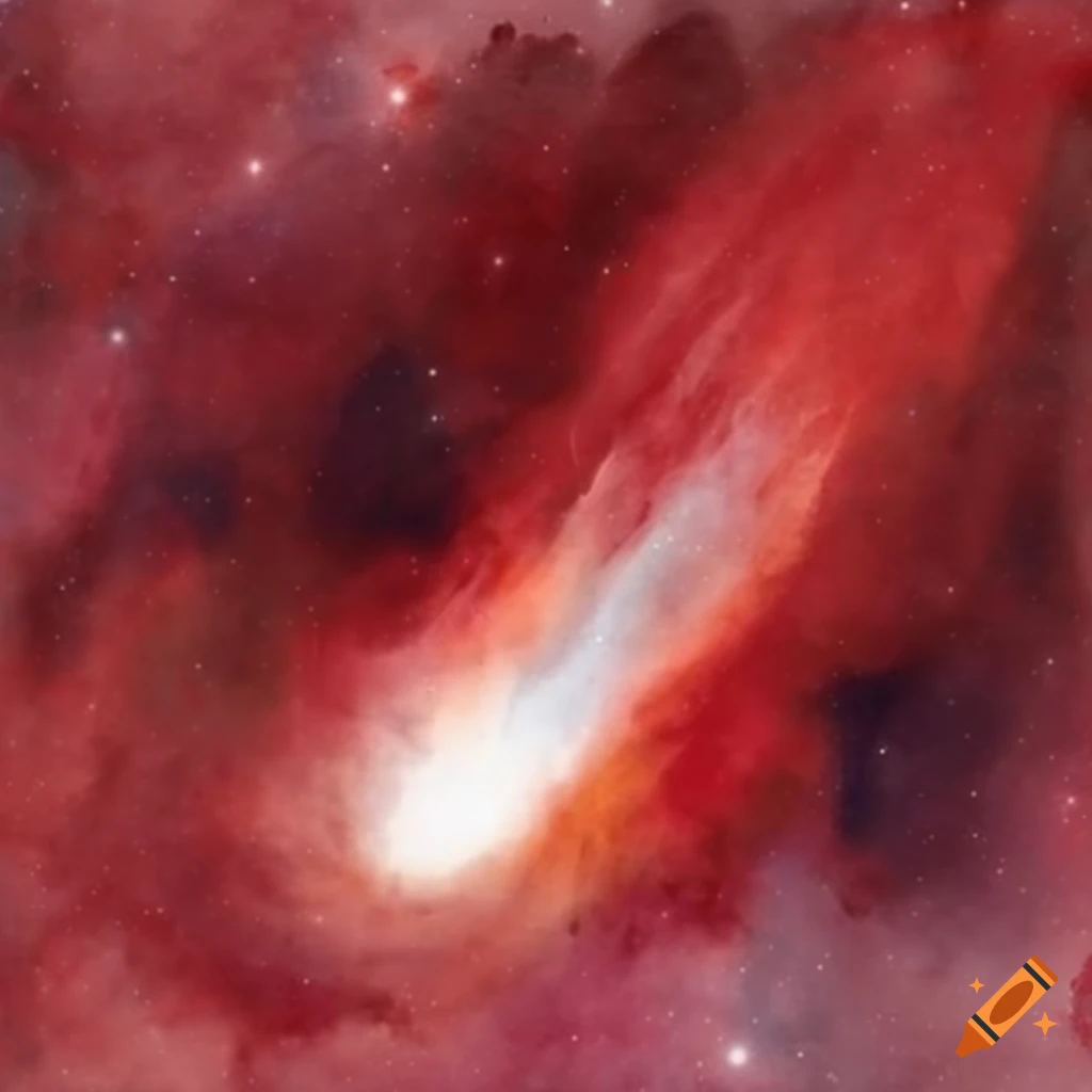 Halley's Comet in red and white nebula with watercolor wash background