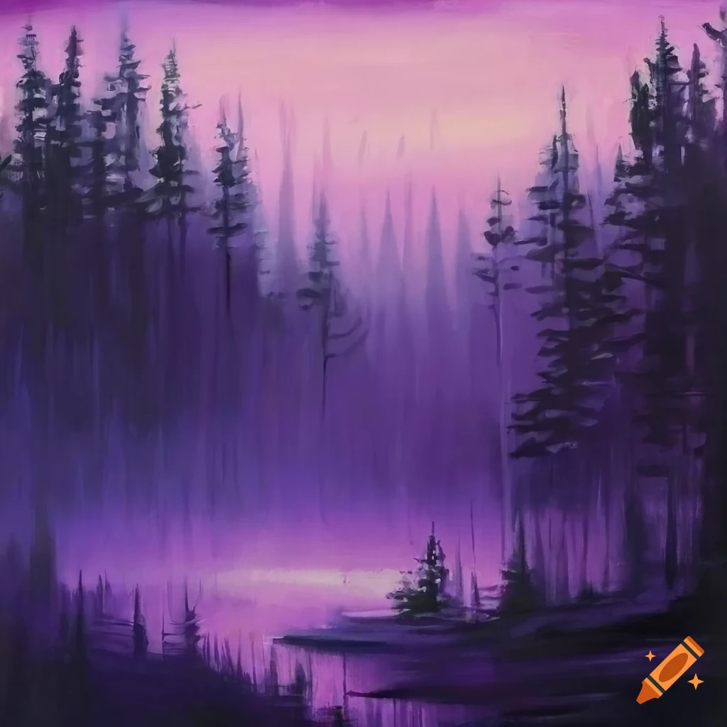 Misty purple wilderness at night in an oil painting