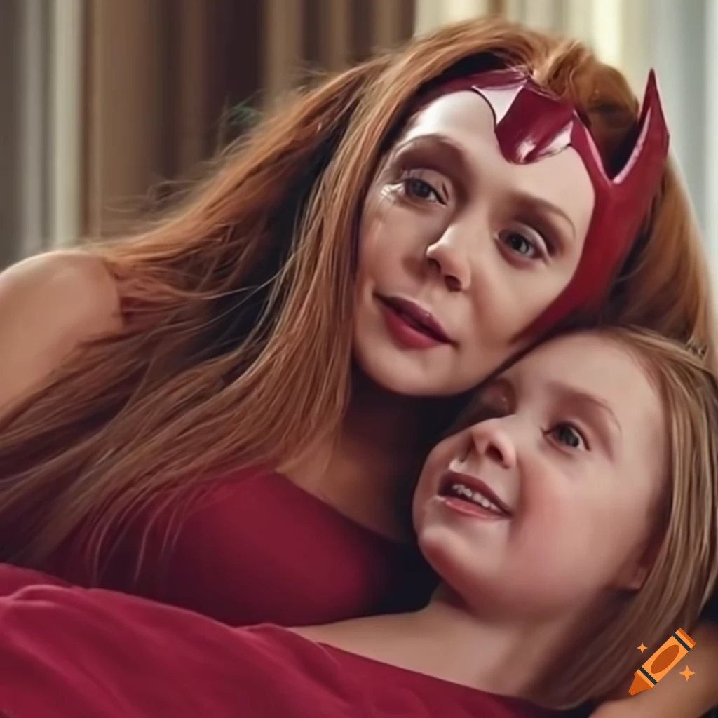 Wanda maximoff cuddling with her daughter in bed on Craiyon