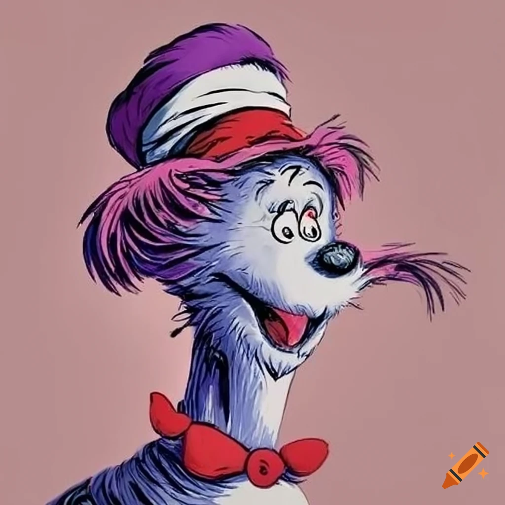 Purple Dr. Seuss fox in the style of Dr. Seuss