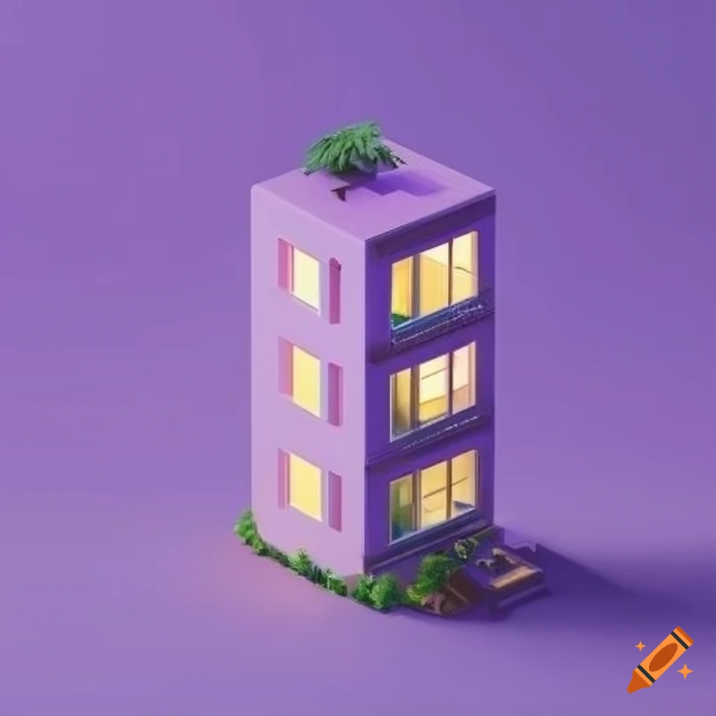 Isometric view of a cozy purple real estate apartment exterior on Craiyon
