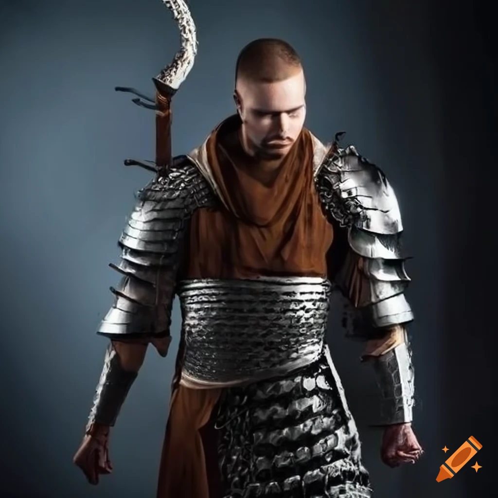 Fierce warrior in chain link armor holding a guisarme on Craiyon