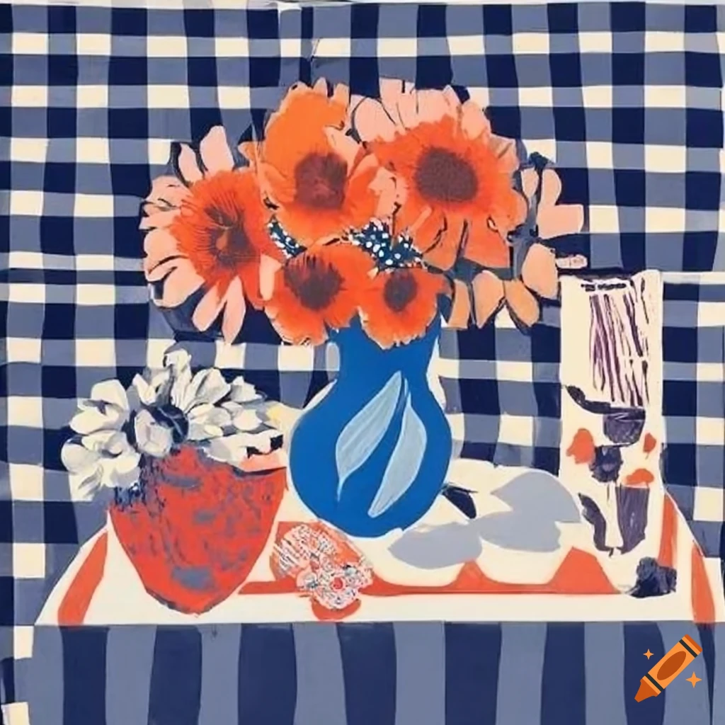 Hugo Simberg linocut of flowers on a table with check tablecloth