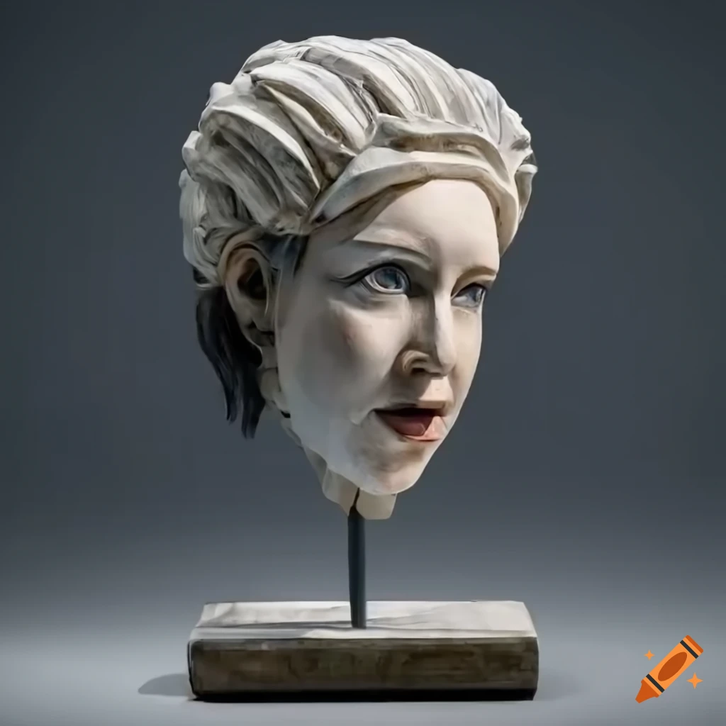 Roughly carved realistic marble sculpture of elizabeth holmes with