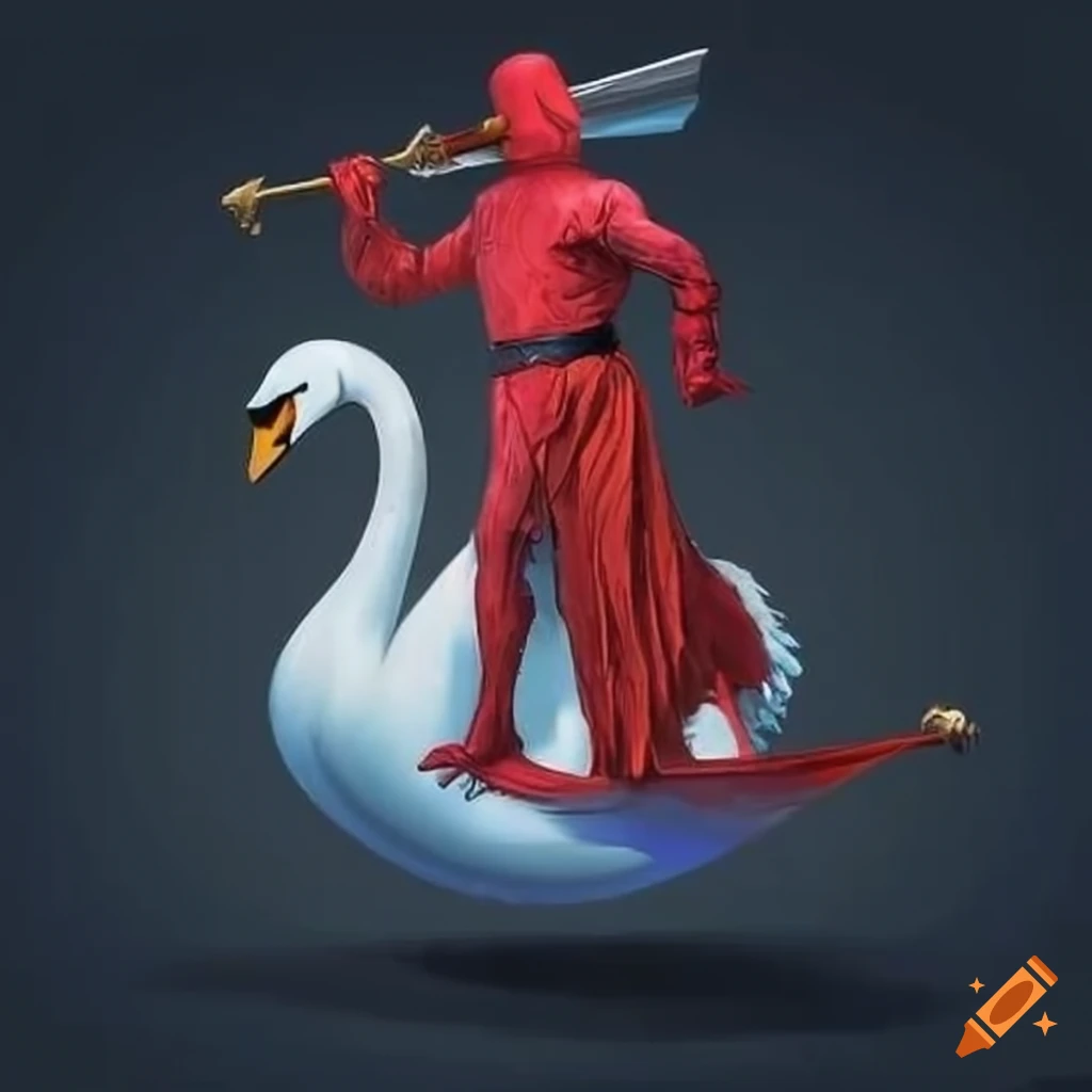 Man riding giant white swan with a sword