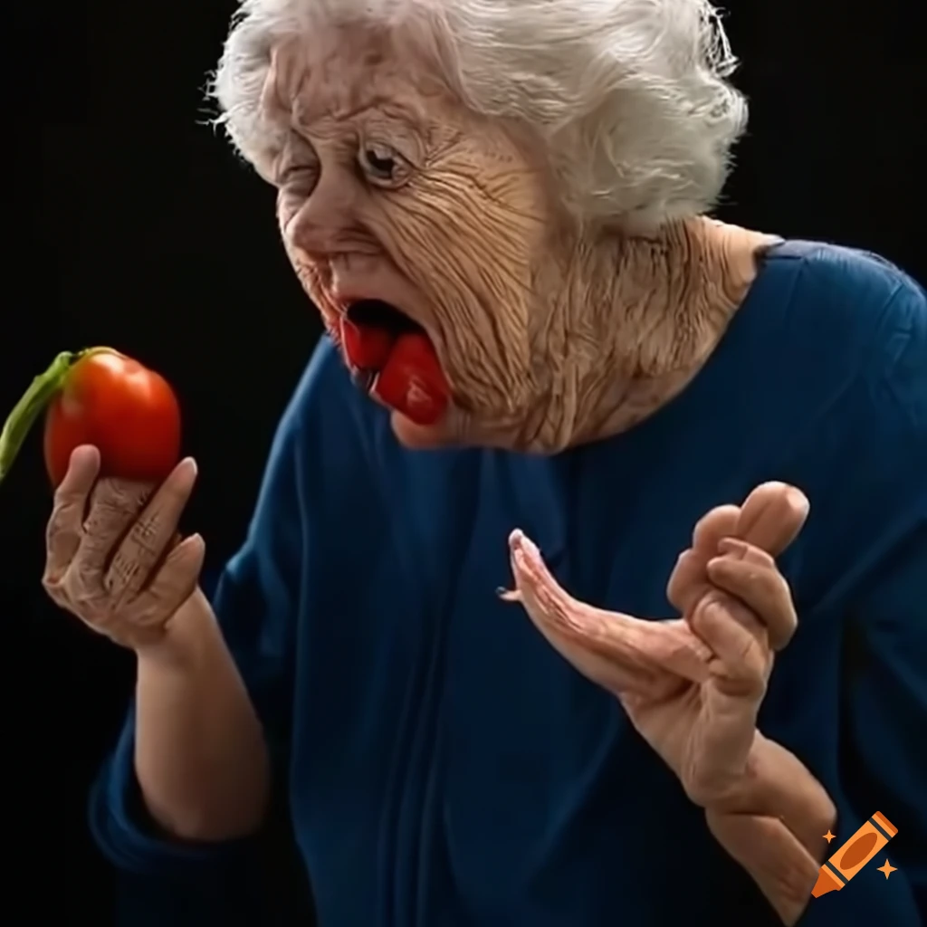 Elderly woman throwing vegetables in anger on Craiyon