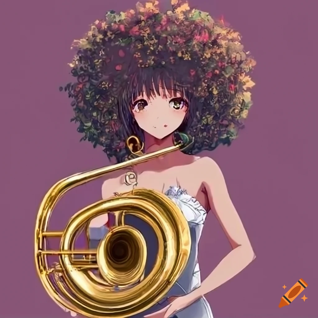 Anime girl with flowercolored afro holding a sousaphone on Craiyon