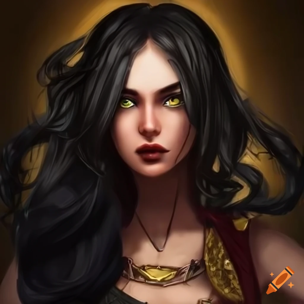 Fantasy young woman soldier with unique yellow-brown eyes and black ...
