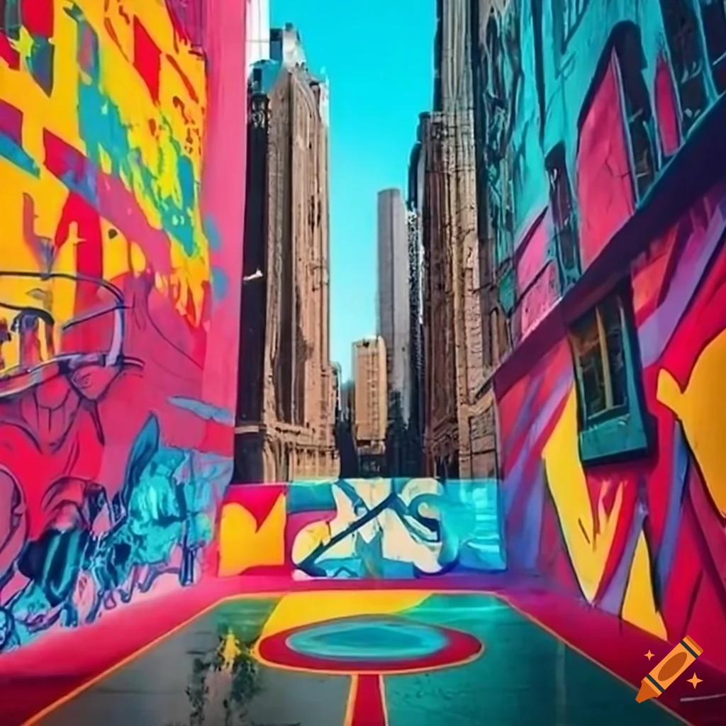 Vibrant street art in an urban basketball court on Craiyon