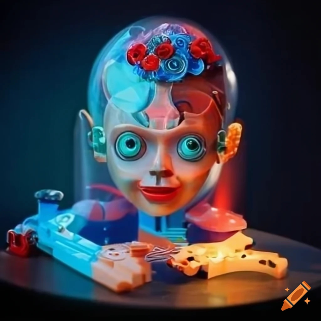 Surreal collection of strange transparent toys, vehicles, dolls, and ...