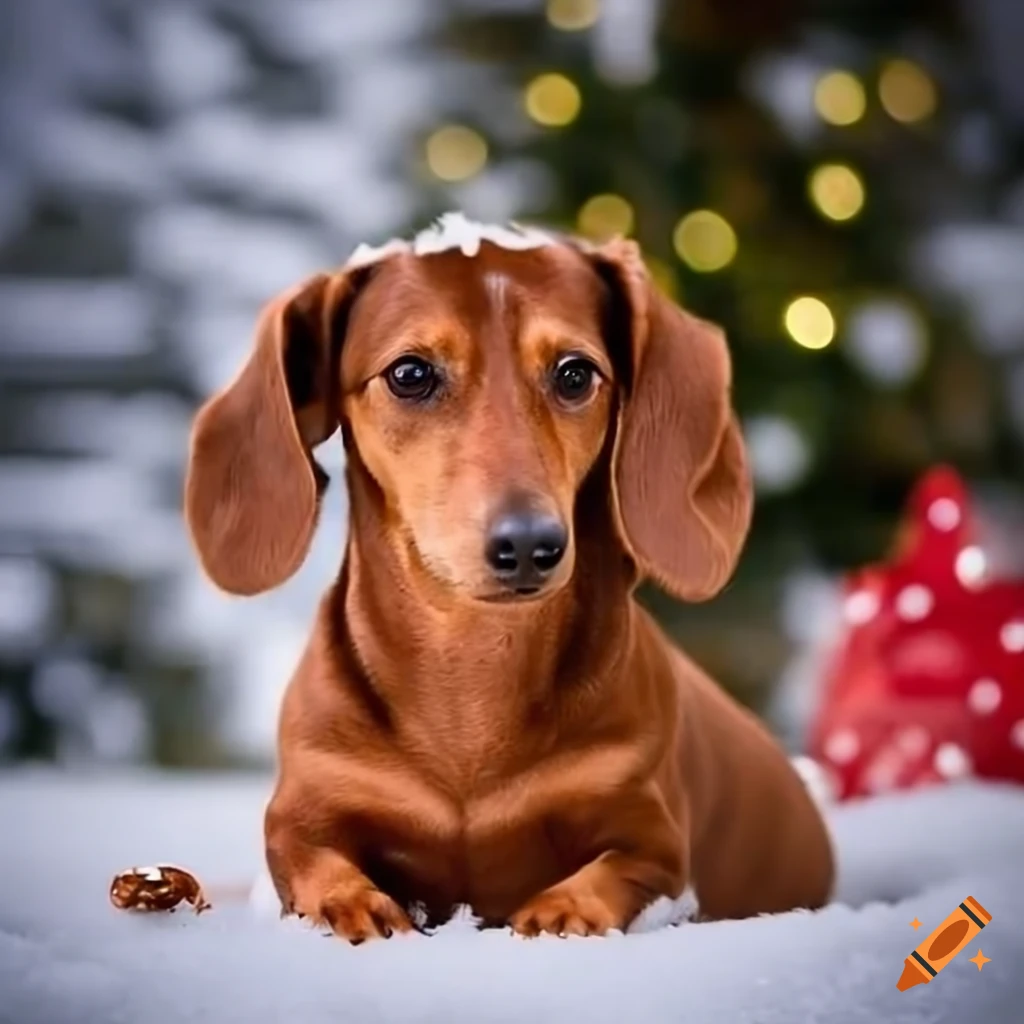 Red dachshund in front of snow covered Christmas tree with Merry ...