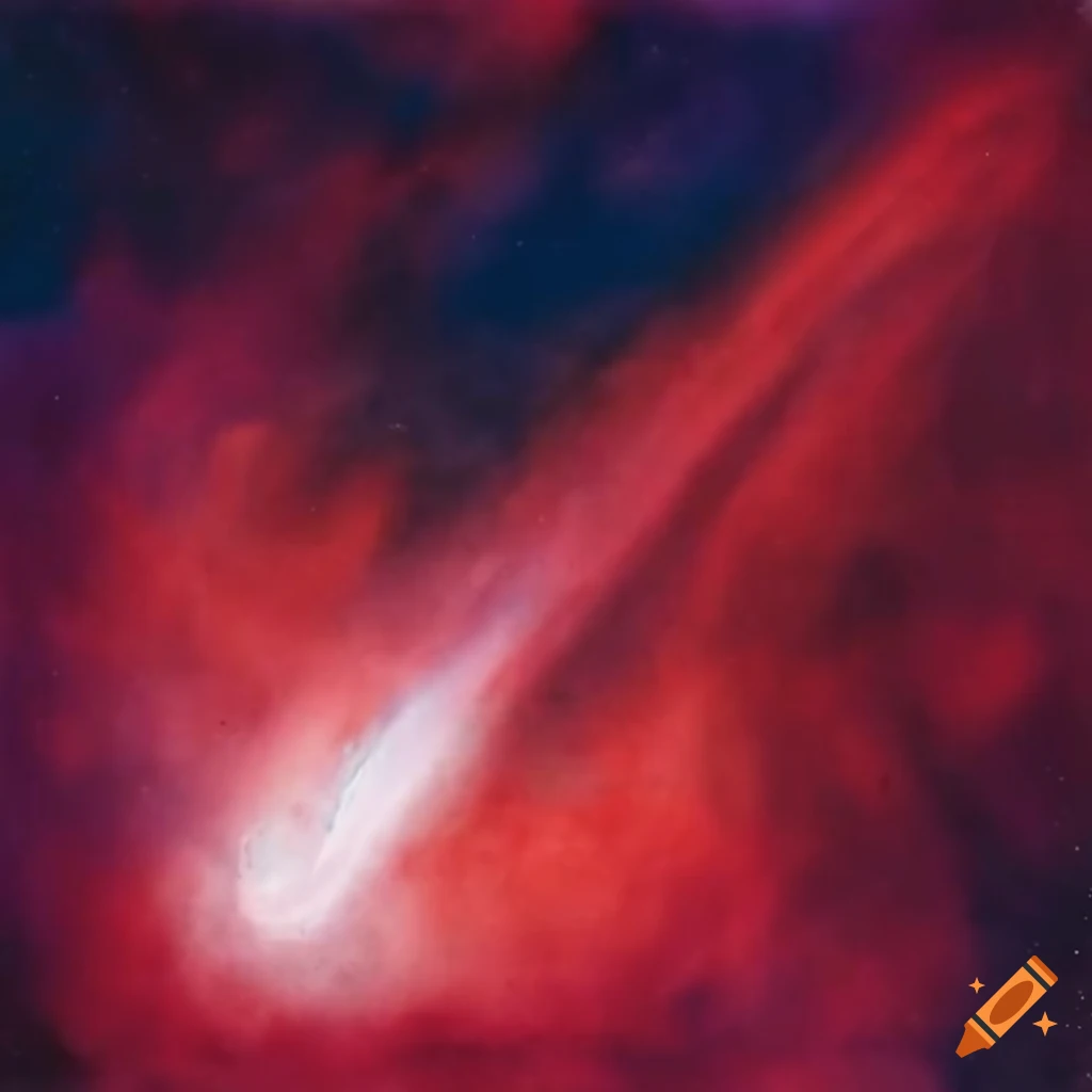 Halley's Comet in red and white nebula with watercolor wash background