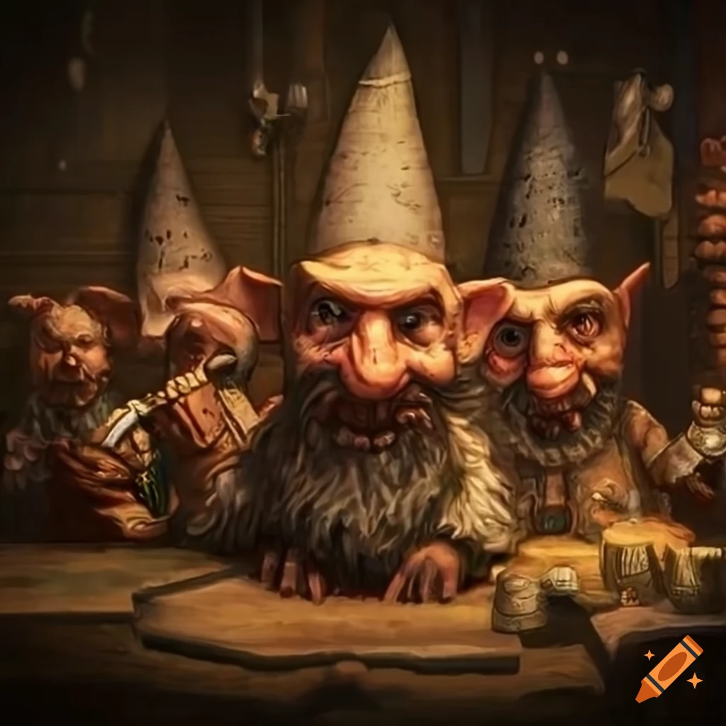 Gnomelands army in a pub with intricate background of gnomes