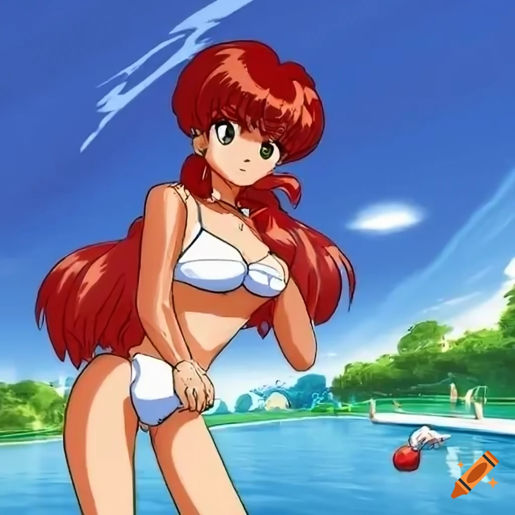 Ranma in a white swimsuit at a sunny pool party