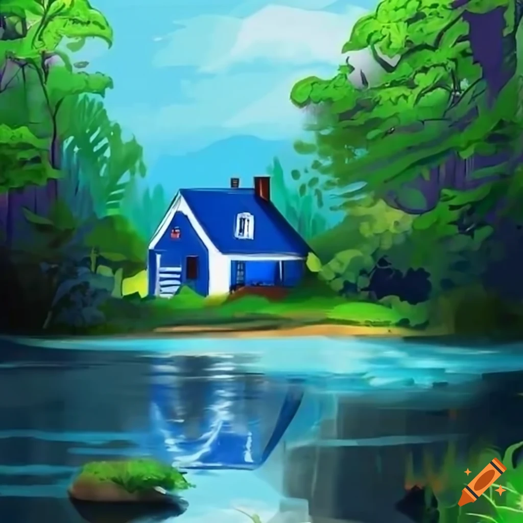 Blue house by the river surrounded by forest on Craiyon