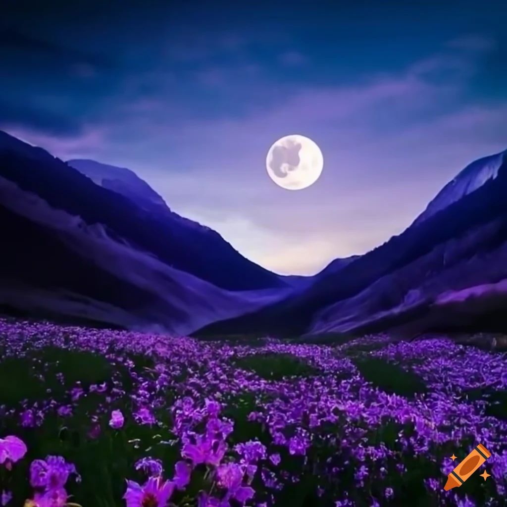 Valley full of flowers under the full moon at night on Craiyon