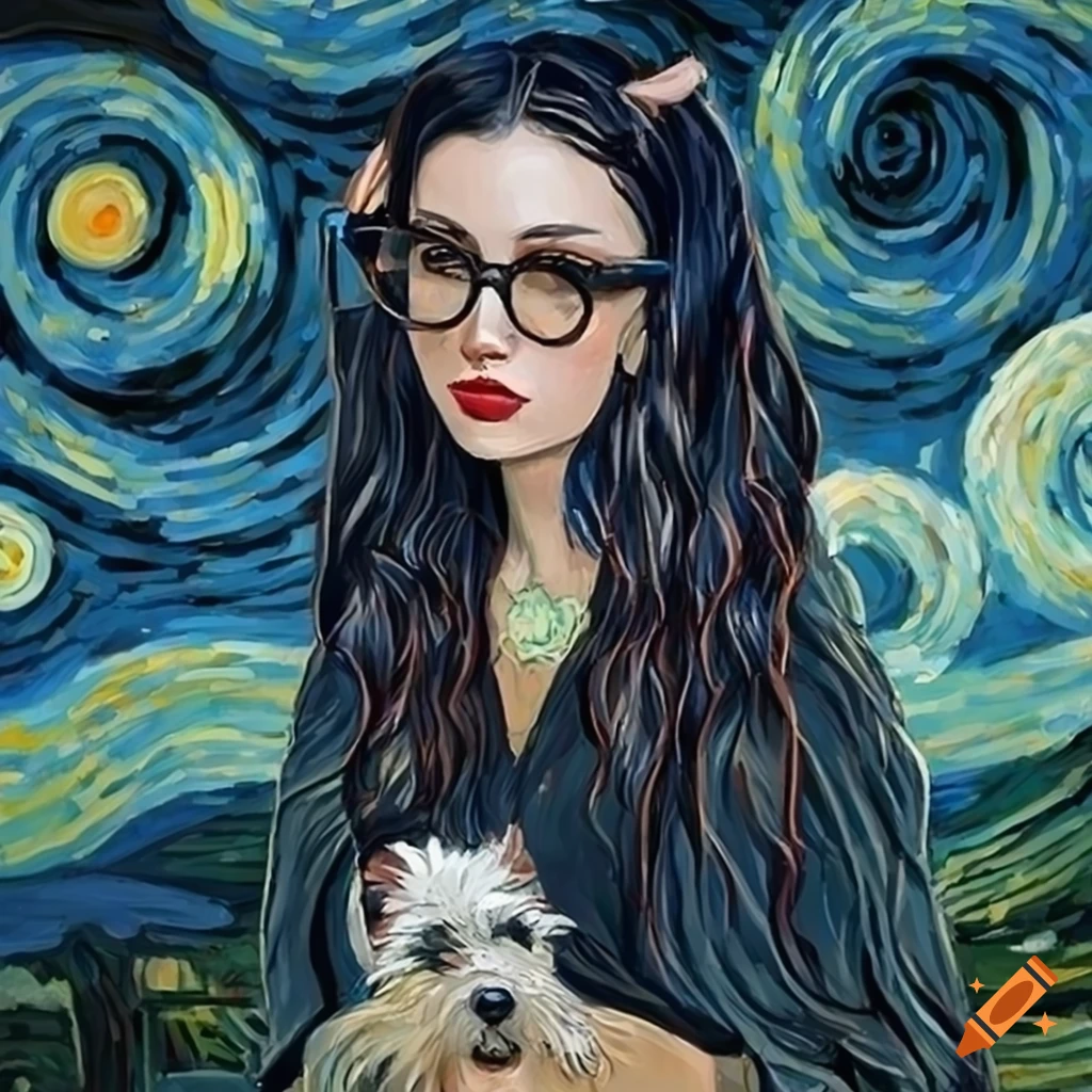 Darkhaired woman with glasses and westie dog in a van gogh style