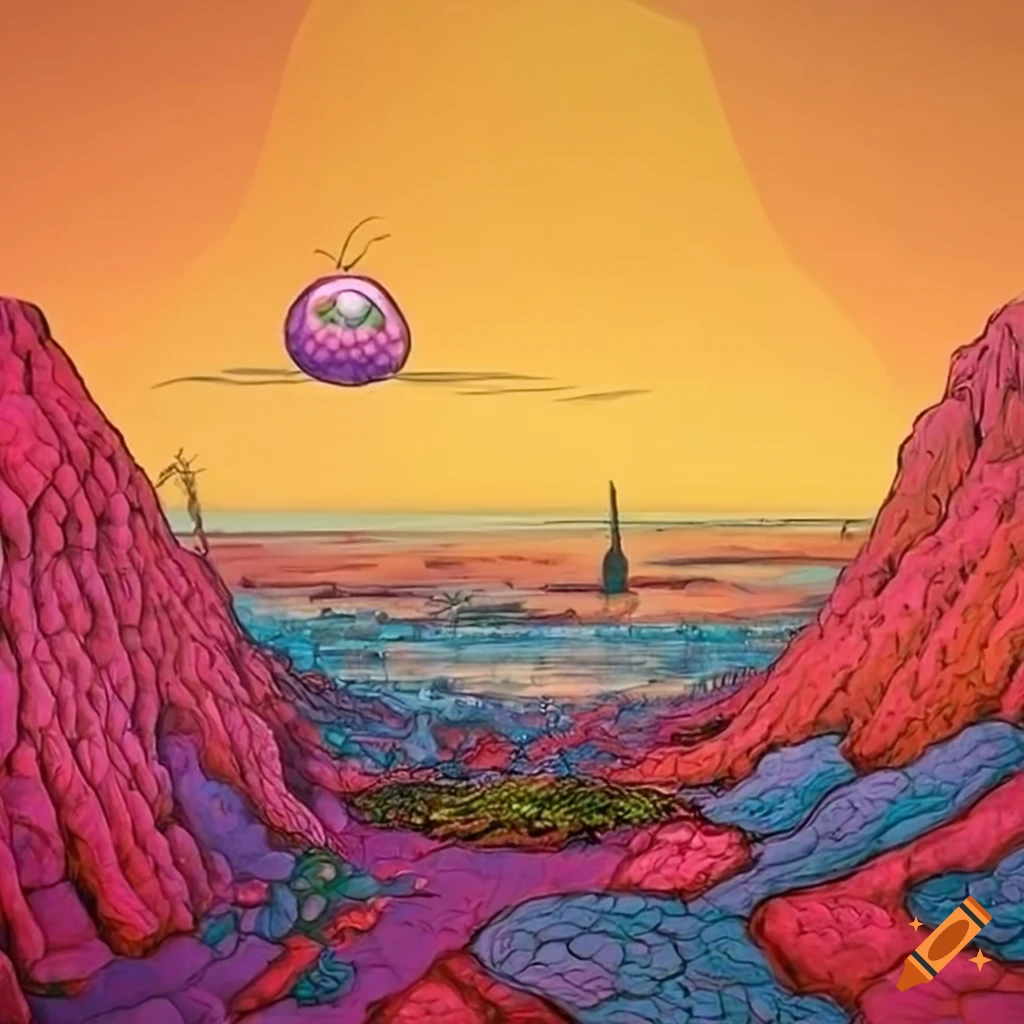 Alien landscape with a giant picking tiny fruit in a surreal colorful world