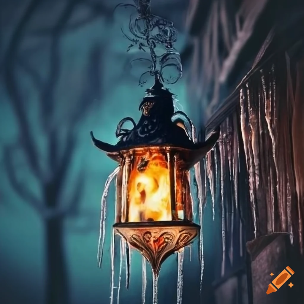 Intricate gothic lantern with flame in the night hanging on a post with icicles