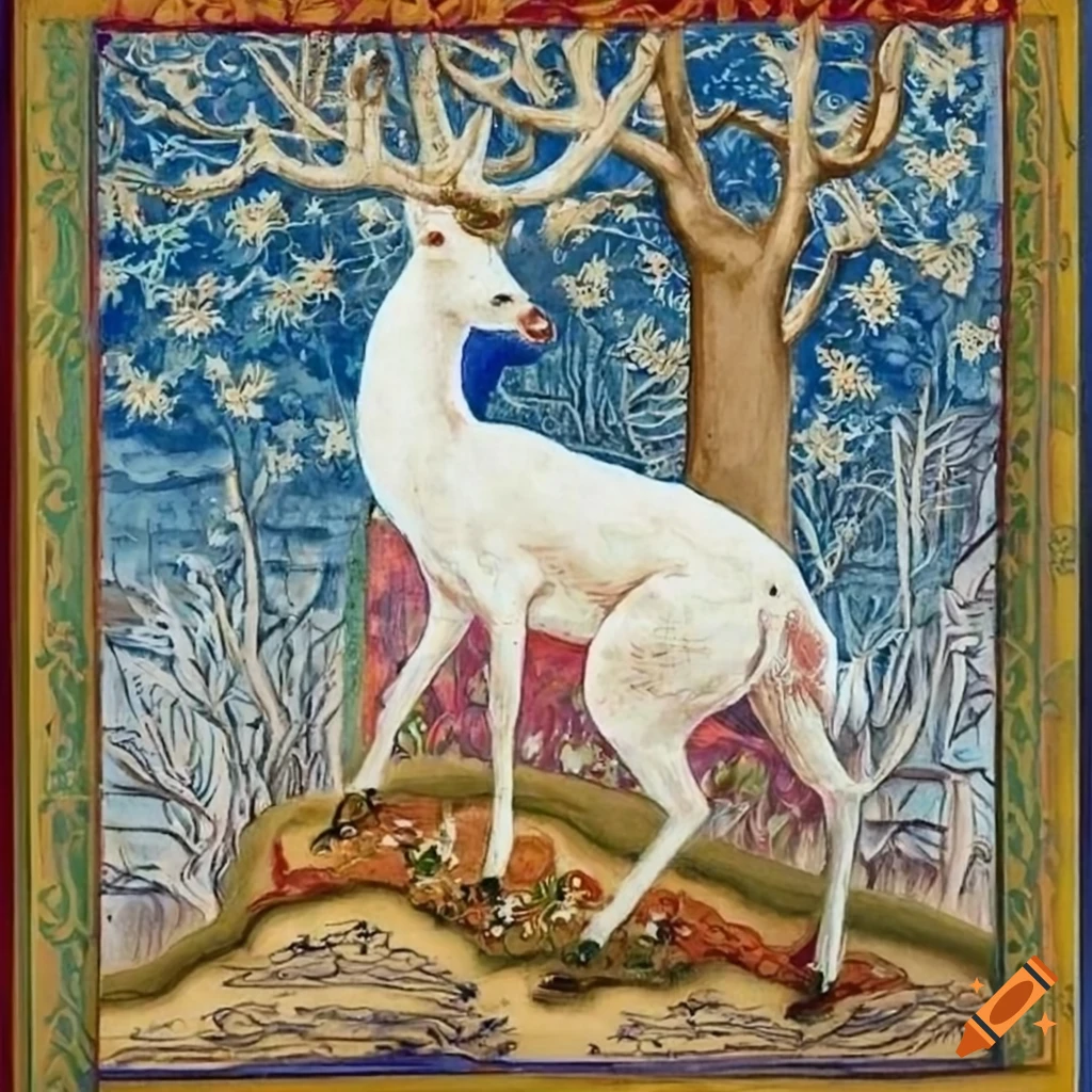White deer and tree in an illuminated manuscript on Craiyon