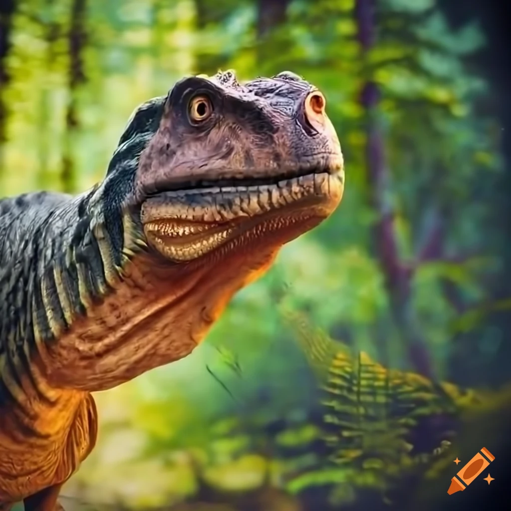 Iguanodon dinosaur with collared lizard color pattern and elephant-like skin texture in warm morning light