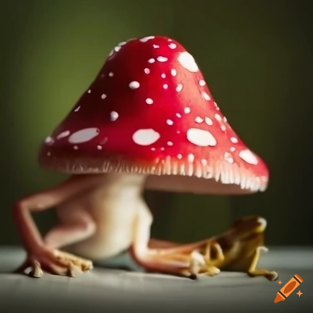 Frog wearing a mushroom hat