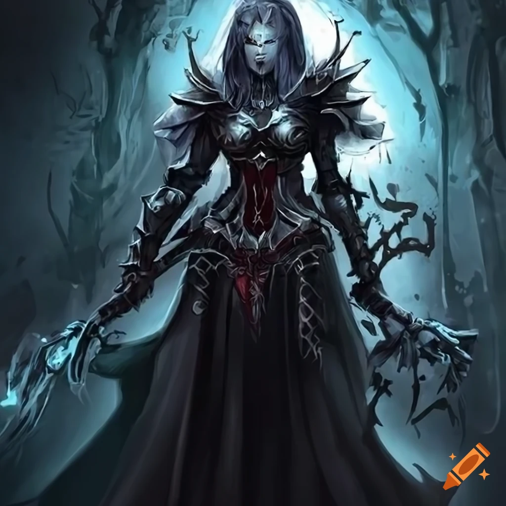 Female death knight with red eyes in a striking portrayal on Craiyon