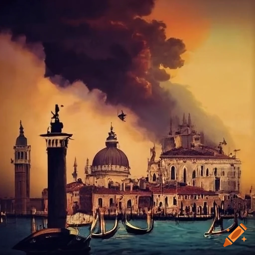 Vintage poster of Venice after a powerful explosion