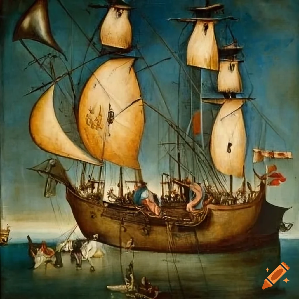 Medieval minstrels playing instruments on a sailing ship in a