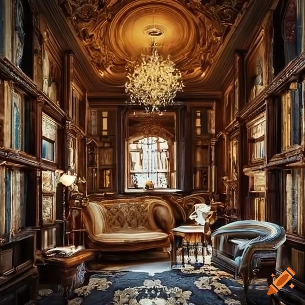 Intricate bookshelf filled with vintage books and luxurious flowers in