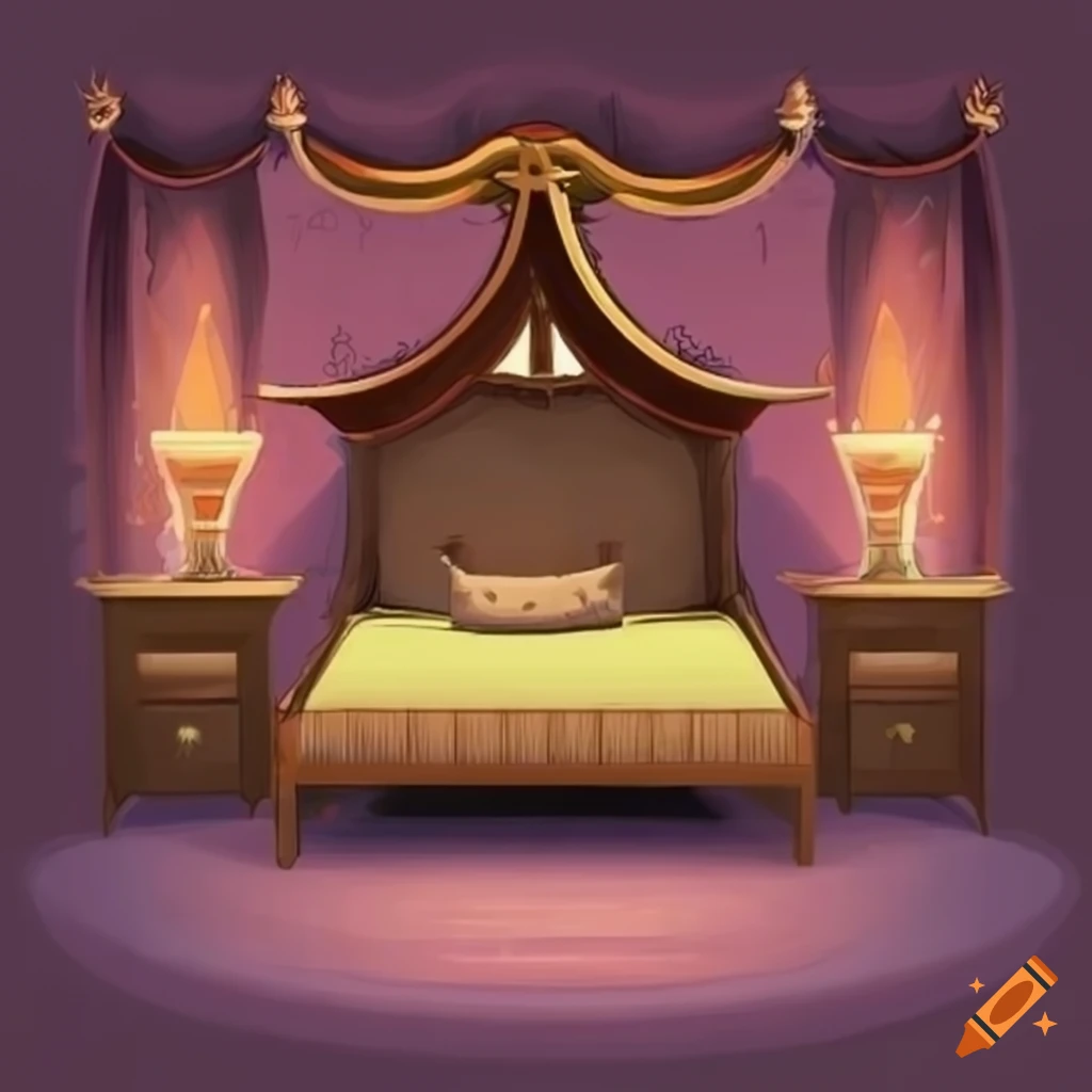 Cartoon medieval bedroom with kingly bed on Craiyon