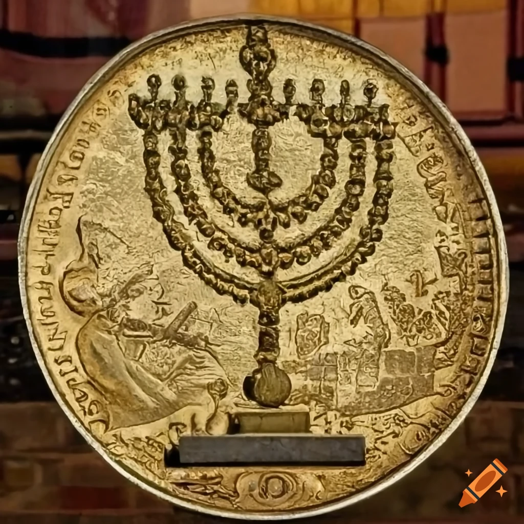 Golden coin with menorah and Hebrew inscription Beit Israel