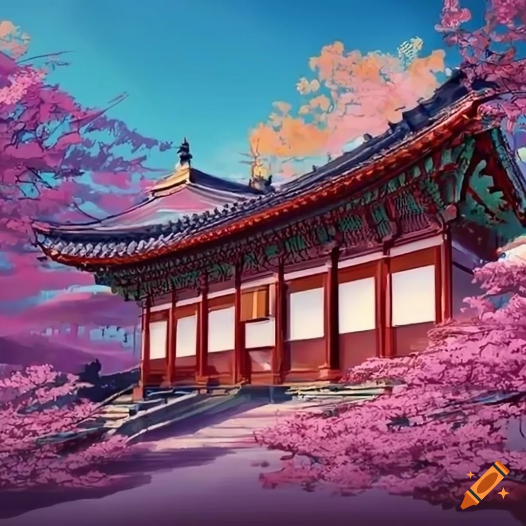 Flowering korean temple in anime style background scenery on Craiyon