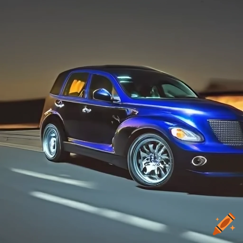 Black Pt Cruiser with underglow on highway at dusk