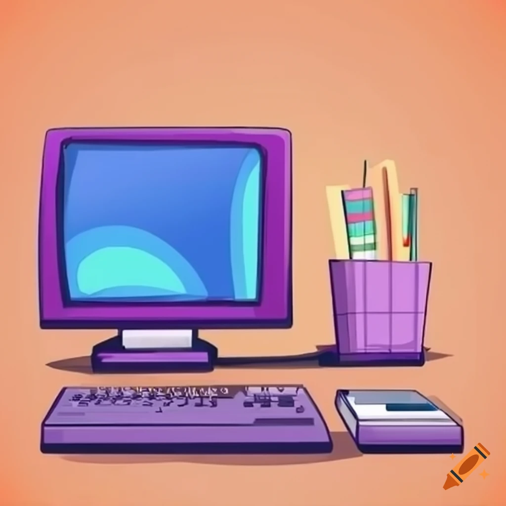 Office desk with supplies and computer in a 90s cartoon style on Craiyon