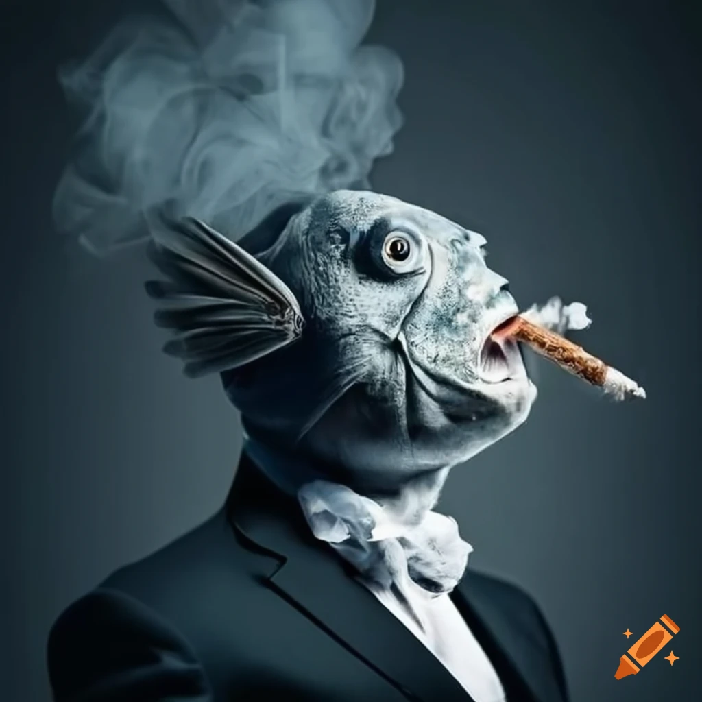 Fish head in black and white suit smoking a cigarette elegantly on Craiyon