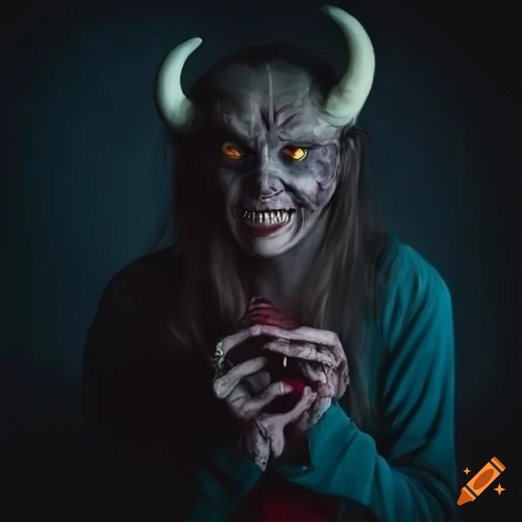 Magical creature with a devilish grin in a dark fantasy setting