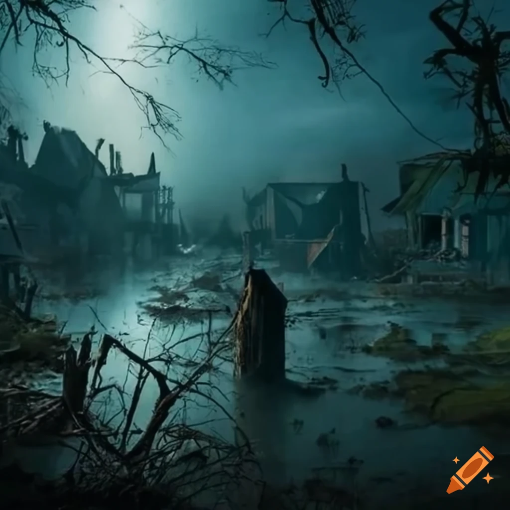 Desolate village damaged by a storm in a swamp at night on Craiyon