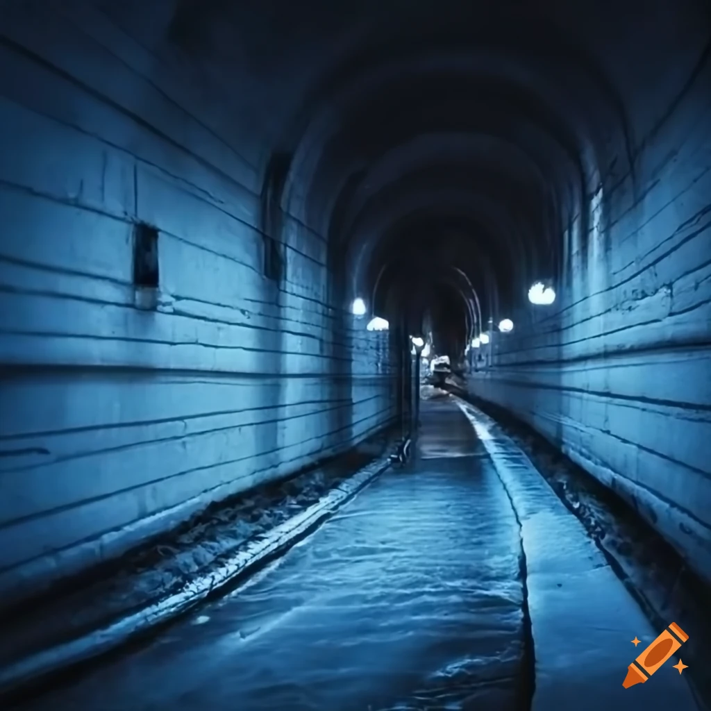 Blue flooded underground tunnel parking lot