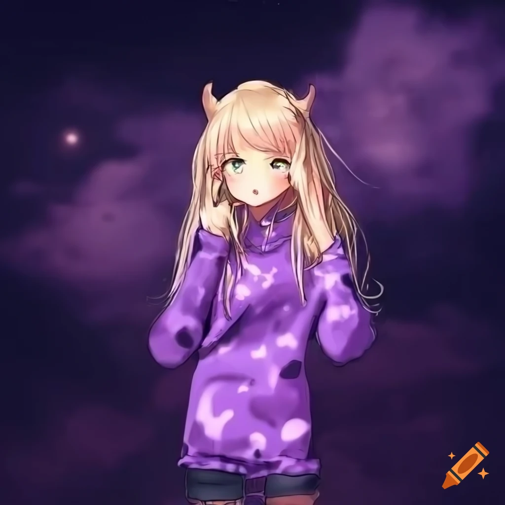 Anime girl with long blond hair smirking in a purple cow print hoodie