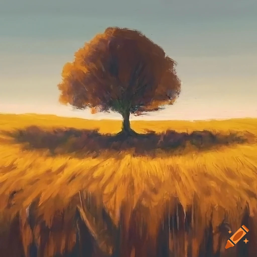 Sun shining through a tree in the middle of a wheat field hill on Craiyon