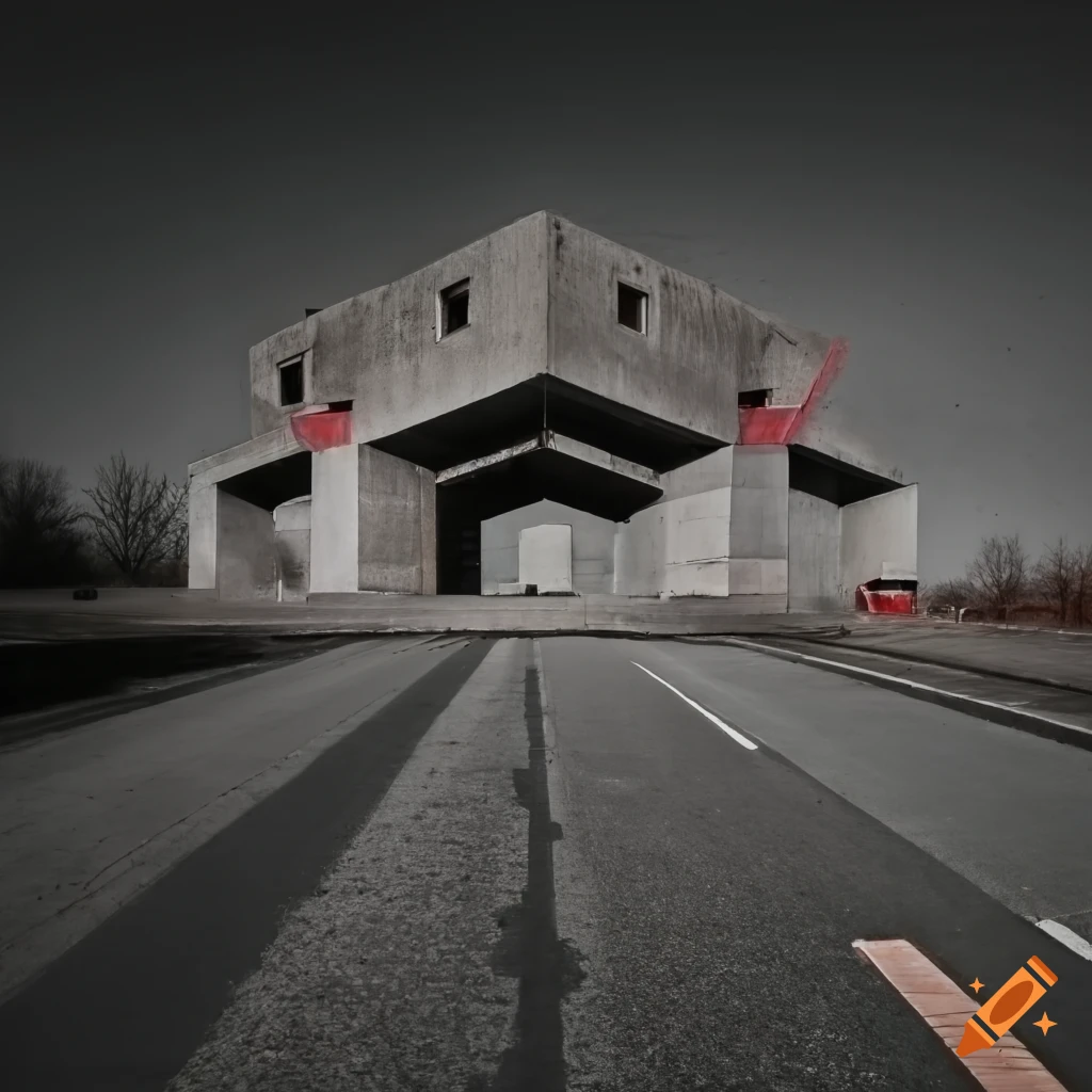 Hexagonal concrete brutalist theatre beside a motorway with pigeons