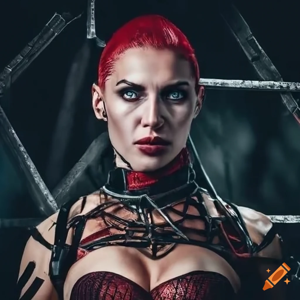 Futuristic warrior woman battling mutants in an arena with spectators