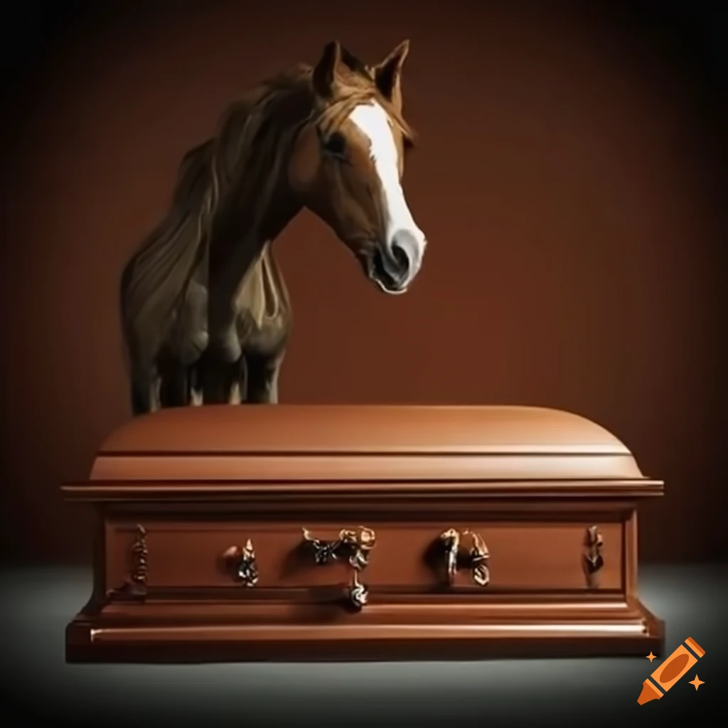 Sad horse next to a closed casket